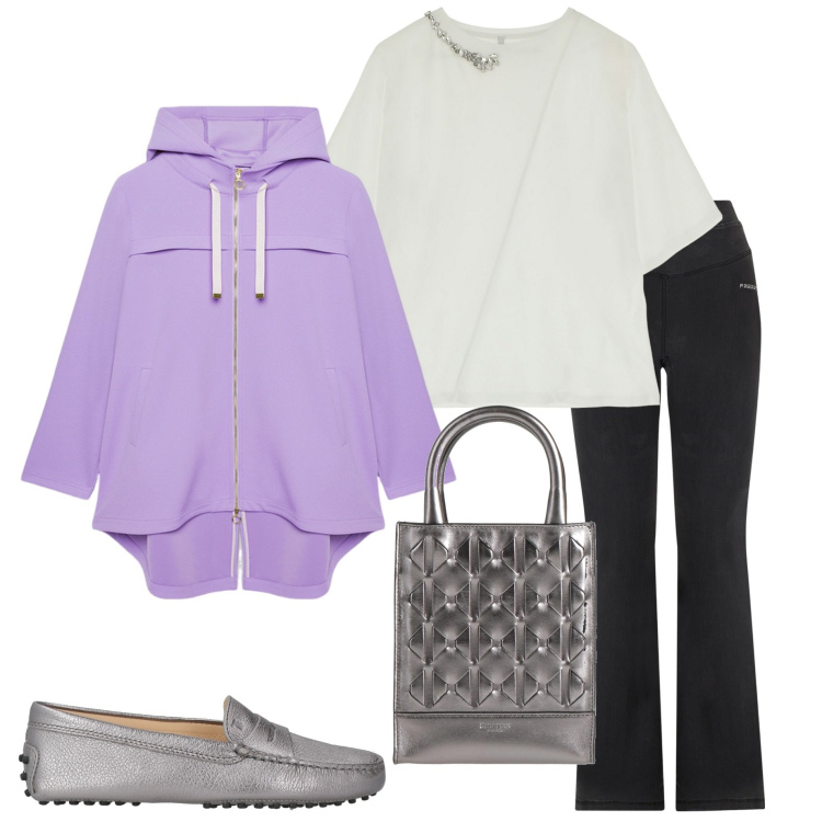Outfit donna - Passeggiata in centro. Stile Casual chic per Tutti i giorni. Abbinamento con borse a mano, mocassini, t-shirt, jeggings, parka.