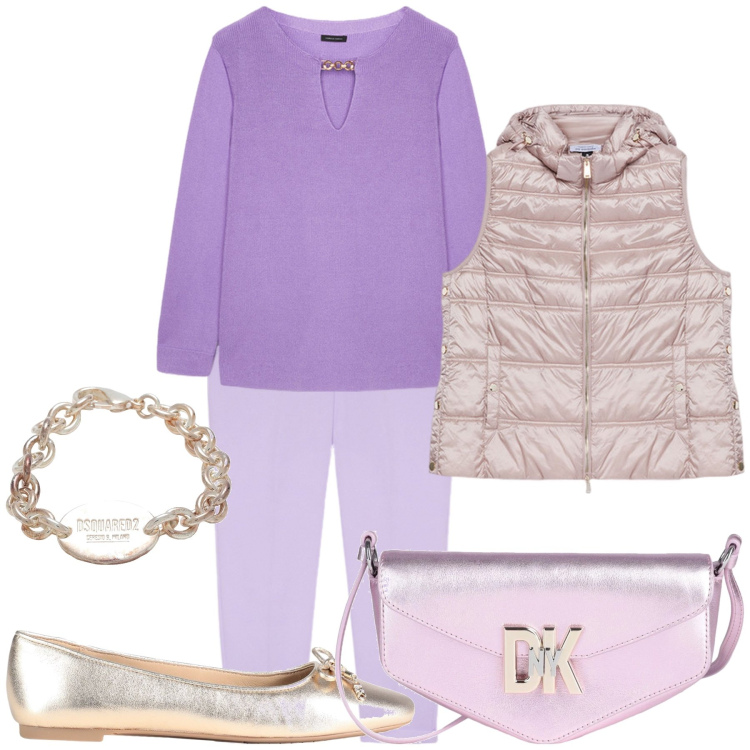 Outfit donna - Primavera. Stile Basic per Tutti i giorni. Abbinamento con ballerine, borse a tracolla, braccialetti, pantaloni, piumini, maglieria.