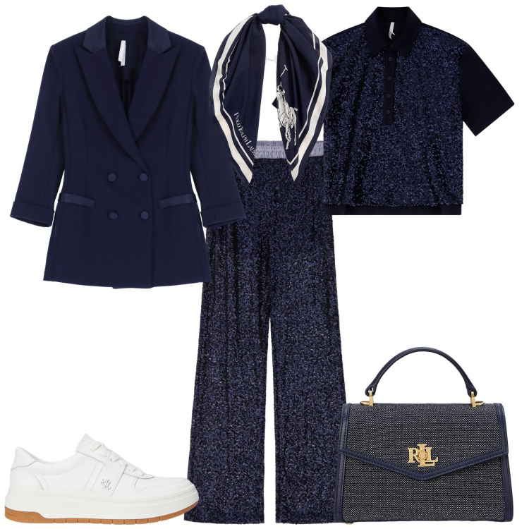 Outfit donna - Total look #2075262. Stile Sporty chic per Tutti i giorni. Abbinamento con pantaloni a palazzo, polo, blazer, sneakers, borse a mano, foulard.
