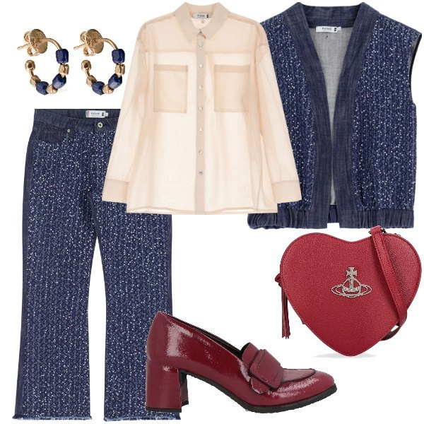 Outfit donna - Dettagli che fanno la differenza. Stile Casual chic per Serata fuori. Abbinamento con mocassini, camicie, jeans, gilet, borse a spalla, orecchini.