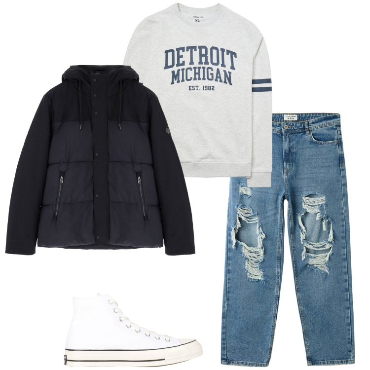 Outfit uomo - Teens. Stile Urban per Tutti i giorni. Abbinamento con sneakers alte, felpe, jeans strappati, piumini.