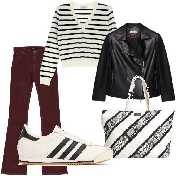 Outfit donna - Aspettando la primavera. Stile Trendy per Tutti i giorni. Abbinamento con borse a mano, jeans a zampa, pullovers, blazer, sneakers.