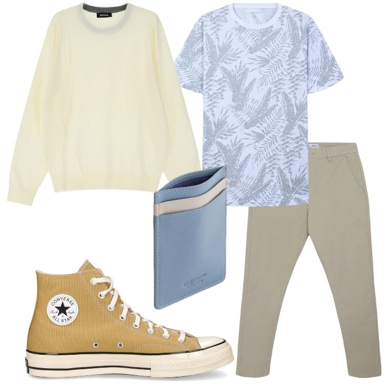 Outfit uomo - Colori freschi a primavera. Stile Casual per Tutti i giorni. Abbinamento con pantaloni chino, t-shirt, maglieria, sneakers, portafogli.