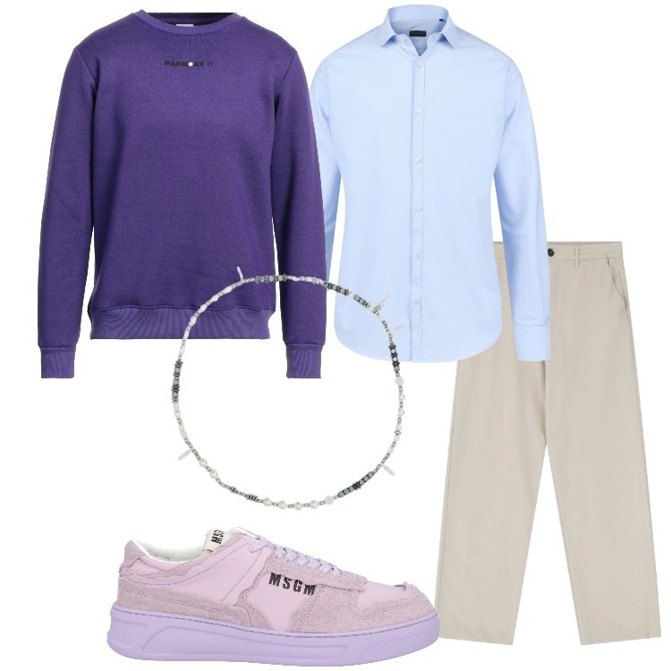 Outfit uomo - Casual al lavoro. Stile Casual per Ufficio. Abbinamento con sneakers, felpe, pantaloni, collane, camicie.