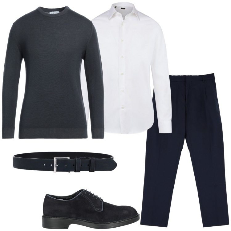 Outfit uomo - Serata fuori. Stile Casual per Serata speciale. Abbinamento con pullovers, scarpe stringate, pantaloni, cinture, camicie.