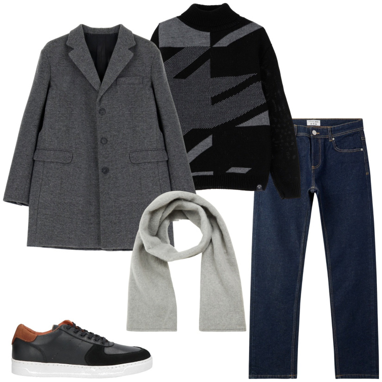 Outfit uomo - Jeans e cappotto. Stile Trendy per Tutti i giorni. Abbinamento con sneakers, jeans, sciarpe e foulard, cappotti, maglieria.
