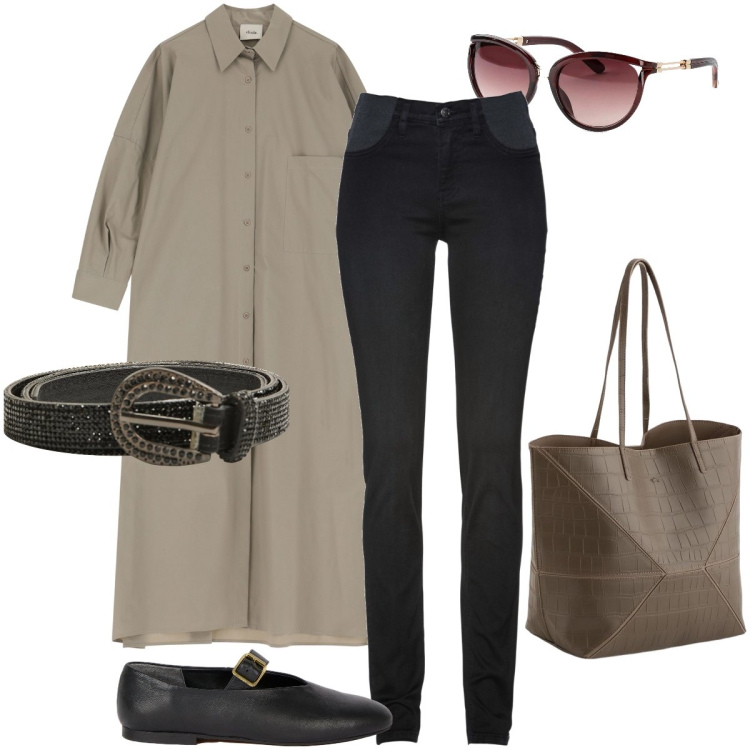 Outfit donna - Il camicione over long. Stile Casual chic per Tutti i giorni. Abbinamento con jeans skinny, occhiali da sole, cinture, vestiti lunghi, ballerine, shopping bag.