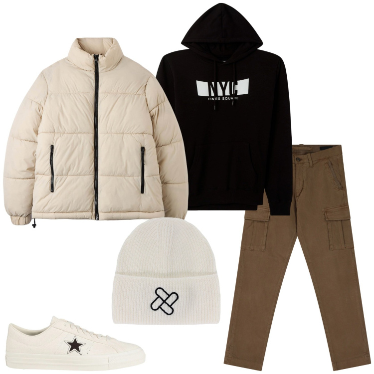 Outfit uomo - Young. Stile Casual per Tutti i giorni. Abbinamento con sneakers, felpe con cappuccio, piumini, pantaloni cargo, berretti.