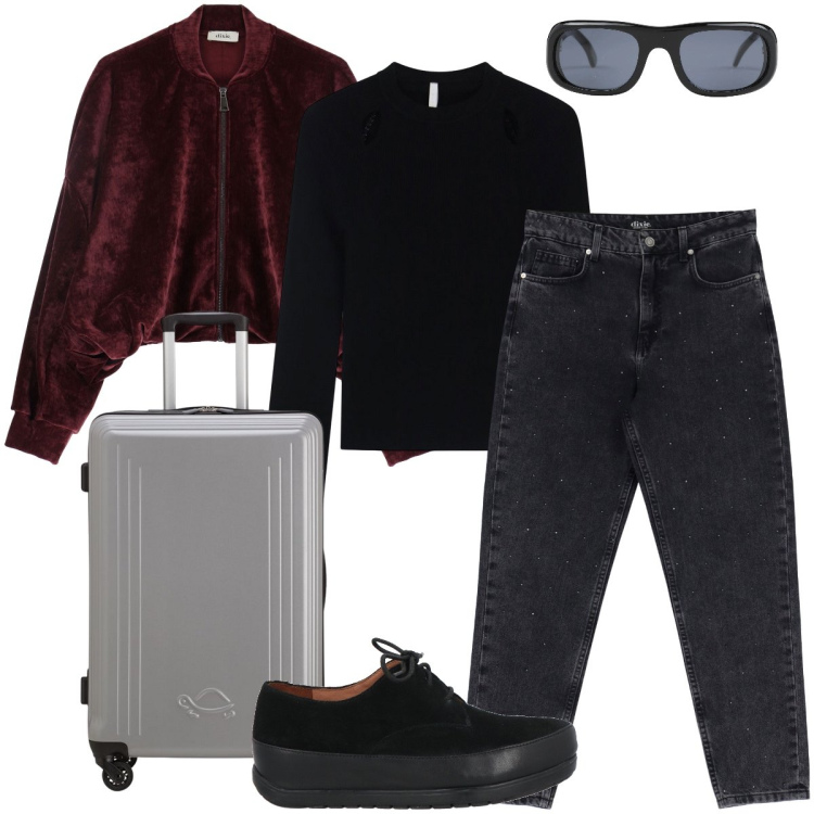 Outfit donna - In viaggio. Stile Urban per Tutti i giorni. Abbinamento con scarpe stringate, occhiali da sole, maglieria, felpe, jeans, valigie.