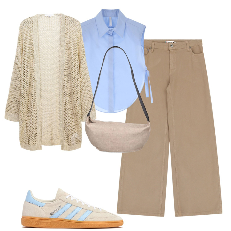 Outfit donna - City. Stile Urban per Tutti i giorni. Abbinamento con kimono, pantaloni, camicie, sneakers, borse a spalla.