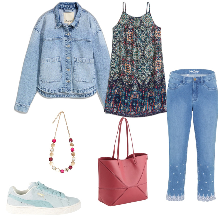Outfit donna - Etnico e jeans. Stile Etnico per Tutti i giorni. Abbinamento con vestiti, jeans dritti, cappotti, sneakers, collane, shopping bag.
