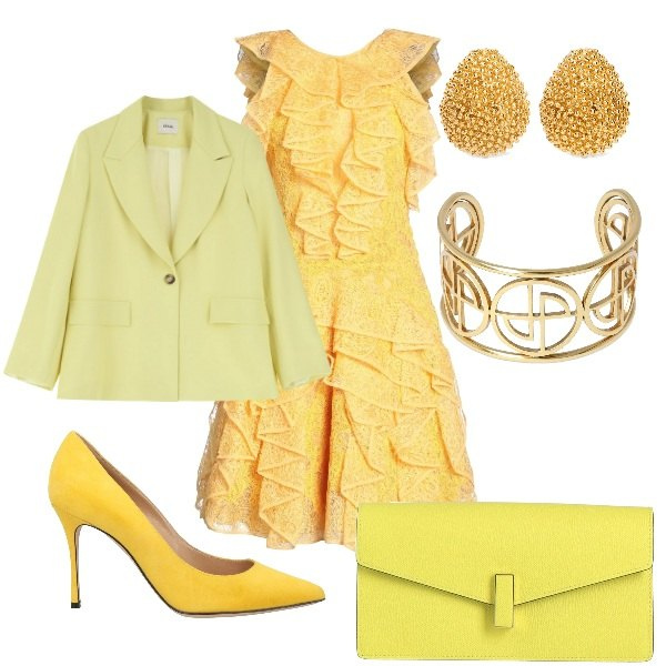 Outfit donna - Matrimonio in vista. Stile Chic per Cerimonia. Abbinamento con décolleté, vestiti corti, borse a mano, blazer, braccialetti, orecchini.