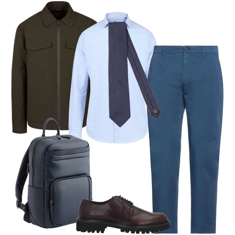 Outfit uomo - Riunione di lavoro. Stile Business/Elegante per Ufficio. Abbinamento con pantaloni, cravatte, scarpe stringate, piumini, camicie, borse sportive.