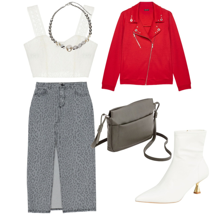 Outfit donna - Primavera. per Tutti i giorni. Abbinamento con stivaletti, top, gonne lunghe, giacche, collane, borse a tracolla.