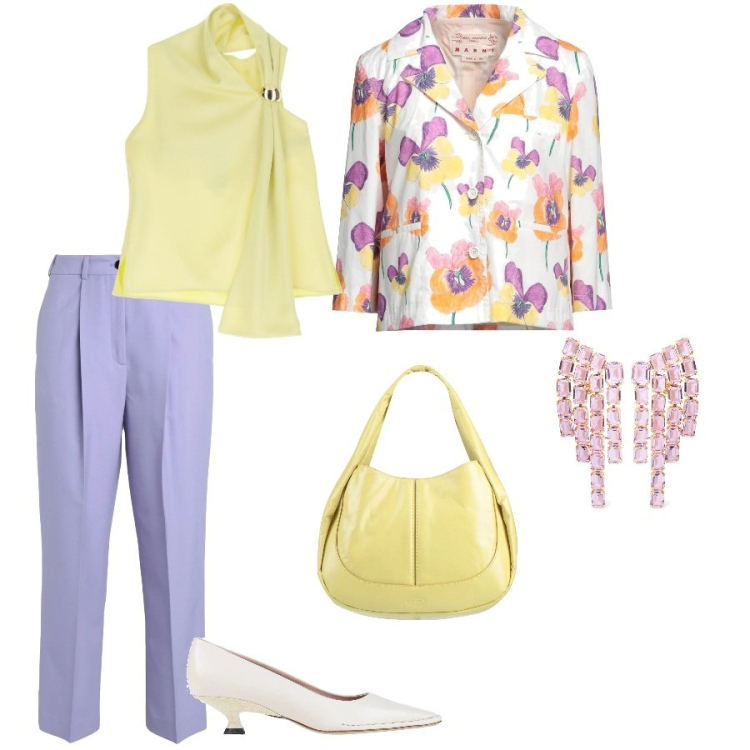Outfit donna - Pranzo aziendale. Stile Bon Ton per Ufficio. Abbinamento con décolleté, borse a mano, pantaloni, blazer, top, orecchini.