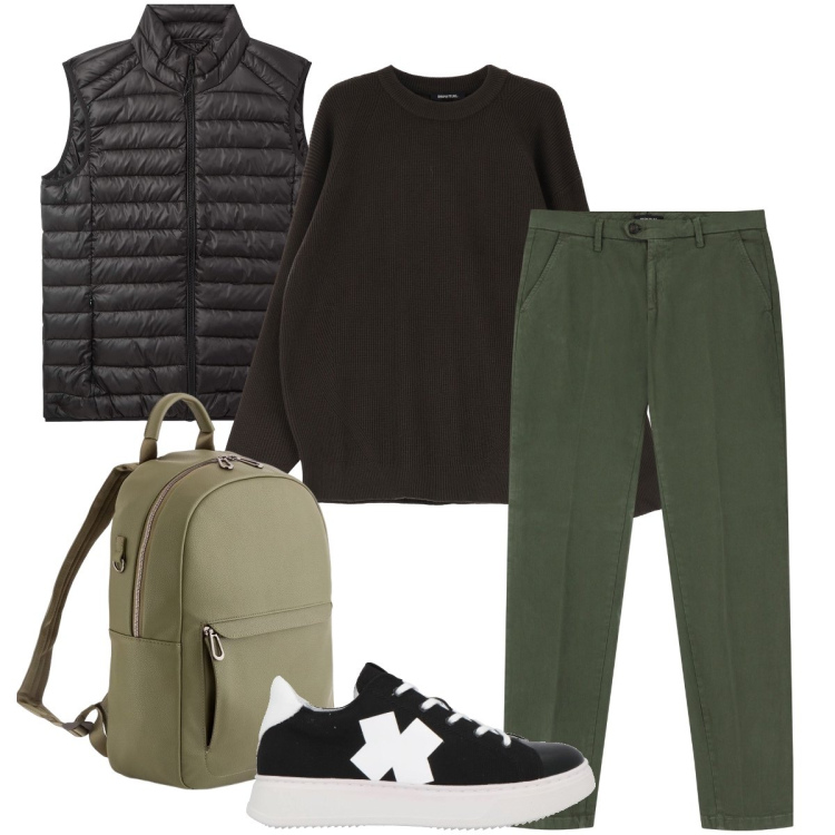 Outfit uomo - Lo zaino di Carpisa. Stile Urban per Tutti i giorni. Abbinamento con sneakers, piumini, pantaloni chino, pullovers, borse sportive.