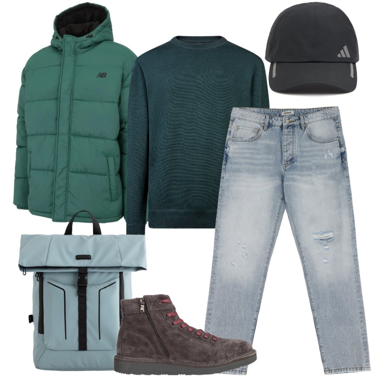 Outfit uomo - Gita in montagna. Stile Casual per Tutti i giorni. Abbinamento con stivali e stivaletti, piumini, jeans strappati, maglieria, cappelli, borse sportive.