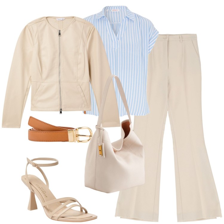 Outfit donna - Marzo. Stile Urban per Tutti i giorni. Abbinamento con bluse, blazer, sandali col tacco, pantaloni, borse a tracolla, cinture.