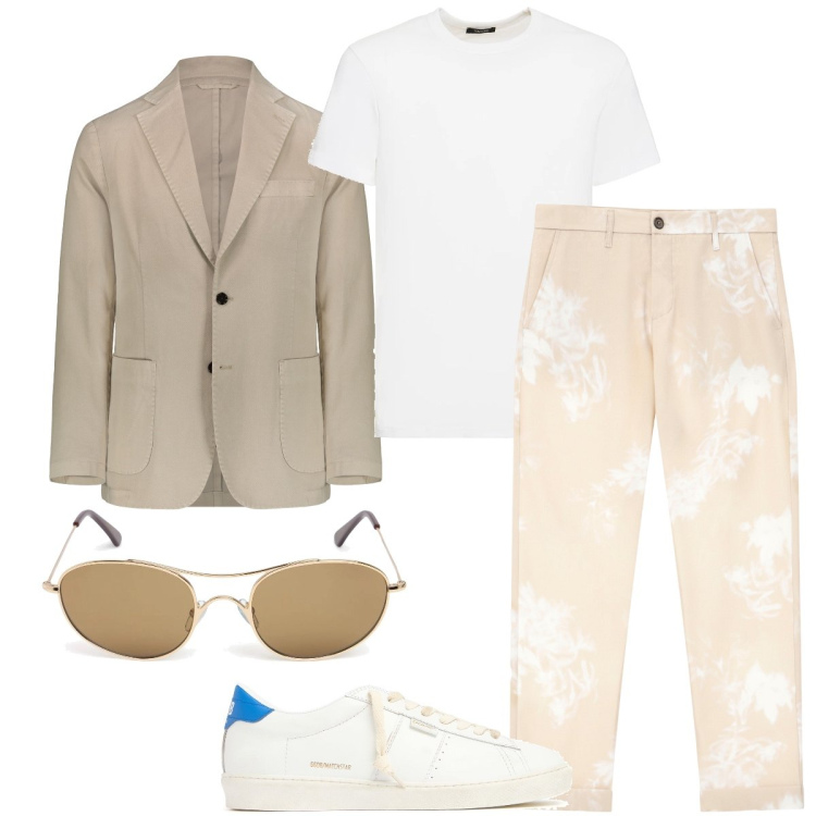 Outfit uomo - Il pantalone a fantasia. Stile Trendy per Serata speciale. Abbinamento con pantaloni, giacche, t-shirt, sneakers, occhiali da sole.