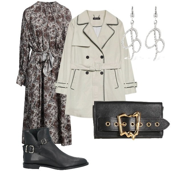Outfit donna - Domenica mattina. Stile Trendy per Tutti i giorni. Abbinamento con borse a mano, vestiti midi/longuette, stivaletti, trench, orecchini.