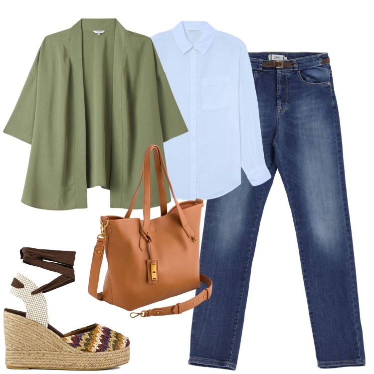 Outfit donna - City. Stile Urban per Tutti i giorni. Abbinamento con camicie, kimono, jeans slim fit, shopping bag, sandali col tacco.