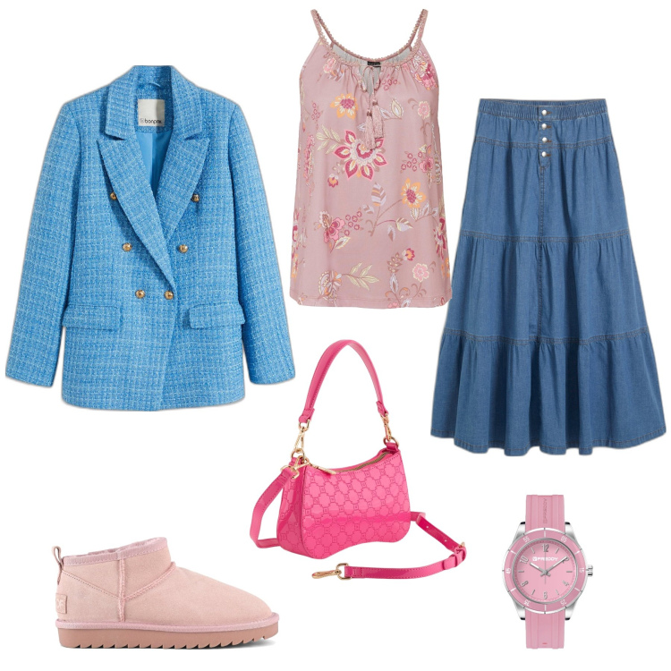 Outfit donna - Orologio rosa. Stile Casual per Tutti i giorni. Abbinamento con blazer, gonne, top, orologi, stivali, borse a tracolla.