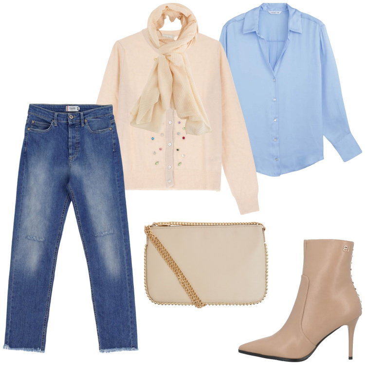 Outfit donna - Total look #2075359. Stile Casual chic per Tutti i giorni. Abbinamento con stivaletti, borse a tracolla, camicie, jeans dritti, cardigans, sciarpe.