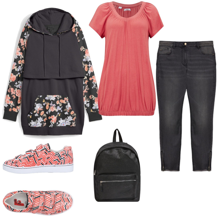Outfit donna - Felpa fiori rosa. Stile Casual per Tutti i giorni. Abbinamento con felpe, t-shirt, sneakers, zaini, jeans skinny.