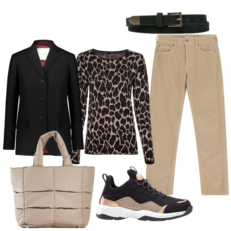 Outfit donna - In ufficio. Stile Casual chic per Ufficio. Abbinamento con sneakers, maglieria, borse a mano, pantaloni, blazer, cinture.