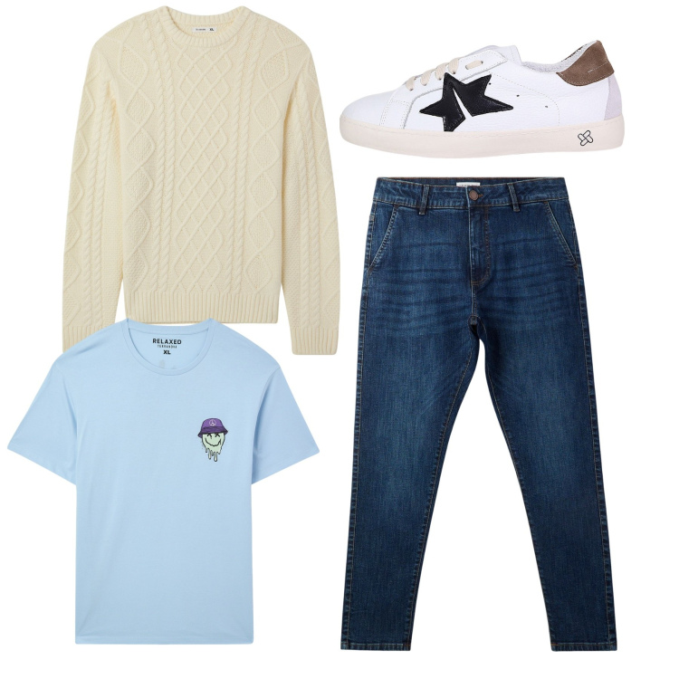 Outfit uomo - Casual. Stile Casual per Tutti i giorni. Abbinamento con t-shirt, maglieria, jeans skinny, sneakers.