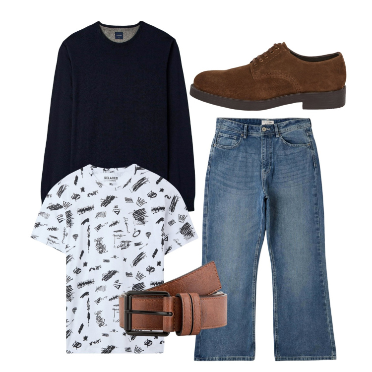 Outfit uomo - Accessori cuoio. Stile Casual per Tutti i giorni. Abbinamento con t-shirt, maglieria, jeans bootcut, scarpe stringate, cinture.