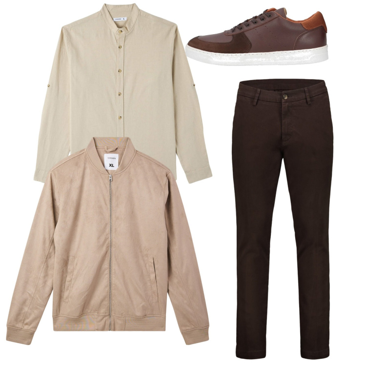 Outfit uomo - Marrone. Stile Casual per Tutti i giorni. Abbinamento con sneakers, camicie, bomber, pantaloni chino.