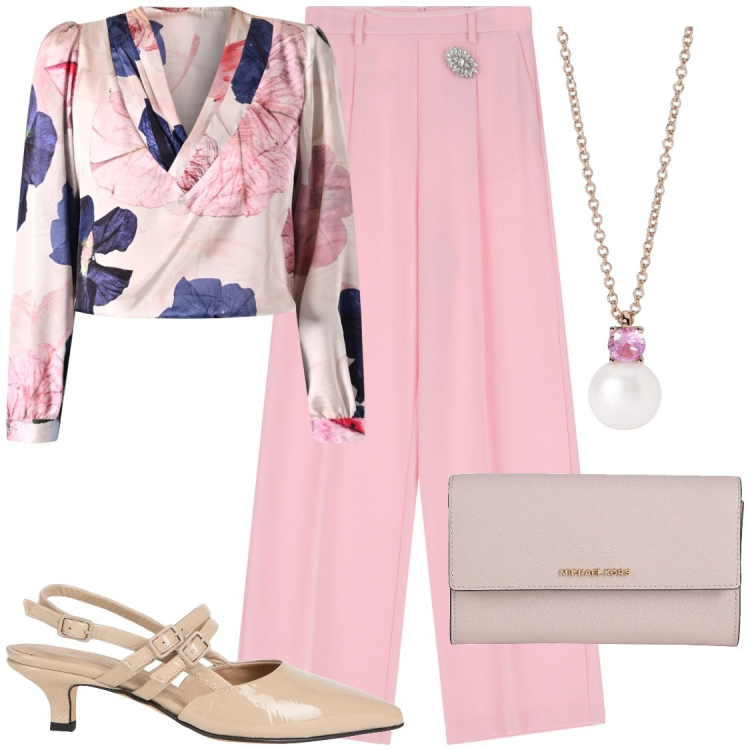 Outfit donna - Il pantalone largo rosa. Stile Bon Ton per Serata fuori. Abbinamento con décolleté, borse a mano, pantaloni, collane, bluse.
