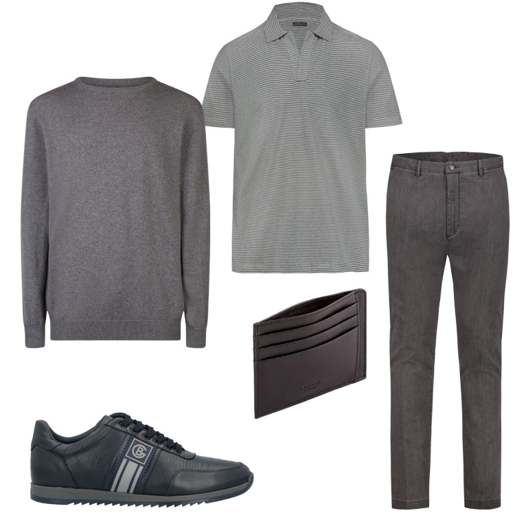 Outfit uomo - Mezza stagione. Stile Urban per Tutti i giorni. Abbinamento con sneakers, maglieria, pantaloni, polo, portafogli.