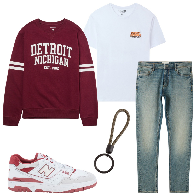 Outfit uomo - Casual style. Stile Casual per Serata speciale. Abbinamento con sneakers, t-shirt, jeans skinny, felpe, portachiavi.