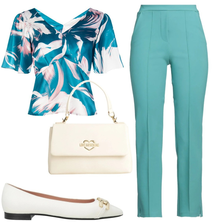 Outfit donna - Pantaloni colorati. Stile Bon Ton per Serata fuori. Abbinamento con pantaloni, borse a mano, ballerine, bluse.