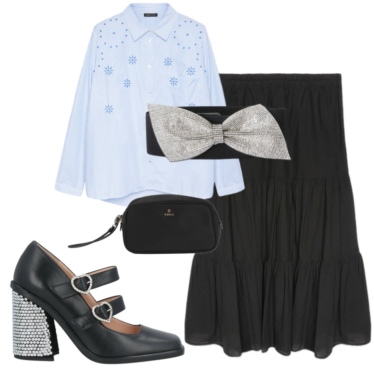 Outfit donna - Gonne midi romantic mood. Stile Romantica per Tutti i giorni. Abbinamento con décolleté, valigie, cinture, gonne lunghe, camicie.