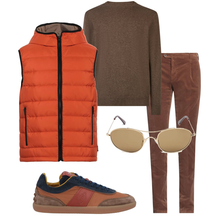Outfit uomo - Passeggiata sul lungomare. Stile Casual per Tutti i giorni. Abbinamento con pantaloni, sneakers, piumini, maglieria, occhiali da sole.
