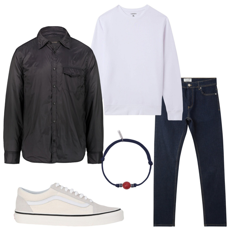 Outfit uomo - Basic style. Stile Casual per Tutti i giorni. Abbinamento con sneakers, jeans skinny, felpe, braccialetti, giacche.