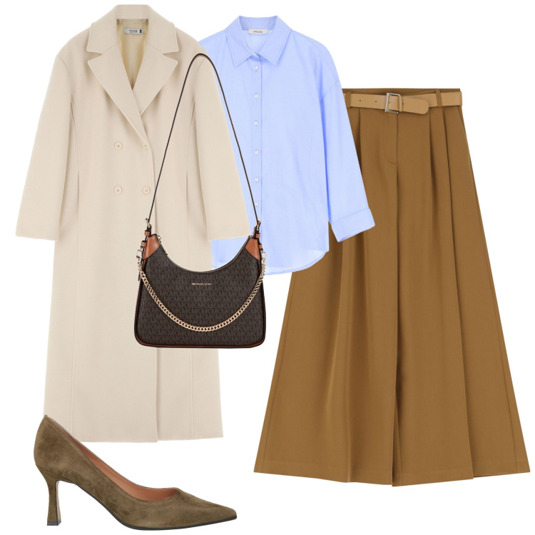 Outfit donna - City. Stile Urban per Tutti i giorni. Abbinamento con borse a tracolla, décolleté, cappotti, pantaloni a palazzo, camicie.