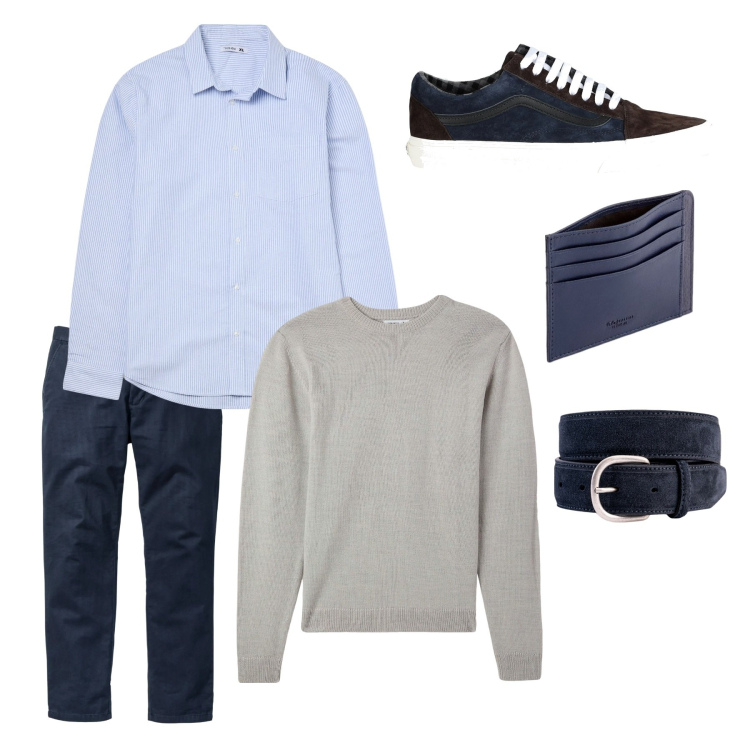 Outfit uomo - Free Time. Stile Urban per Tutti i giorni. Abbinamento con pantaloni chino, sneakers, maglieria, camicie, cinture, portafogli.