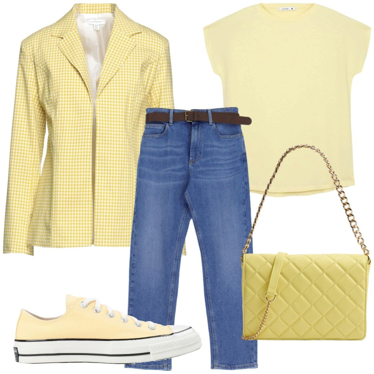 Outfit donna - Yellow in primavera. Stile Casual chic per Tutti i giorni. Abbinamento con sneakers, blazer, t-shirt, borse a tracolla, jeans dritti.