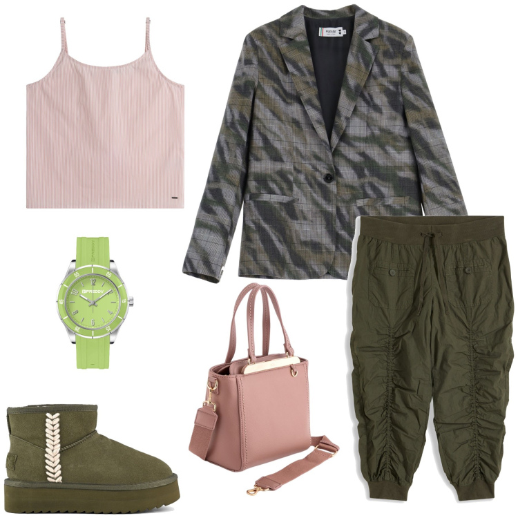 Outfit donna - Completo militare. Stile Casual chic per Tutti i giorni. Abbinamento con pantaloni capri, blazer, orologi, canottiere, borse a mano, stivaletti.
