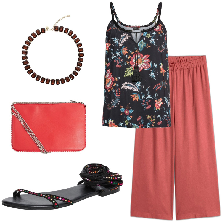 Outfit donna - Etnico arancione. Stile Etnico per Serata fuori. Abbinamento con top, pantaloni culotte, sandali alla schiava, borse a tracolla, collane.