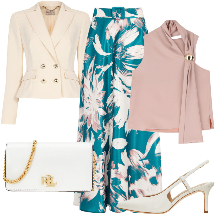 Outfit donna - Cerimonia pastello. Stile Chic per Cerimonia. Abbinamento con top, gonne lunghe, blazer, décolleté, borse a mano.