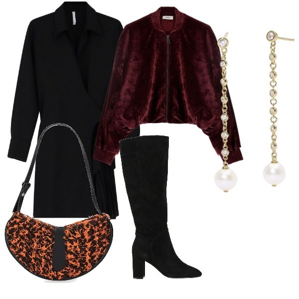 Outfit donna - Serata fuori. Stile Glamour per Serata fuori. Abbinamento con stivali, vestiti corti, felpe, orecchini, borse a spalla.