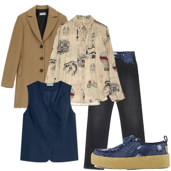 Outfit donna - A spasso per la città. Stile Trendy per Tutti i giorni. Abbinamento con gilet, jeans dritti, cappotti, camicie, mocassini.