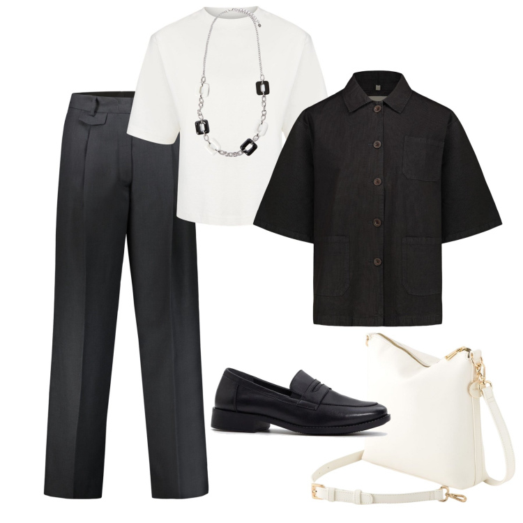Outfit donna - Mannish in t-shirt. Stile Mannish per Tutti i giorni. Abbinamento con mocassini, blazer, pantaloni, t-shirt, borse a tracolla, collane.