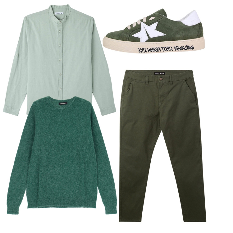 Outfit uomo - Spring. Stile Casual per Tutti i giorni. Abbinamento con camicie, pantaloni chino, sneakers, maglieria.