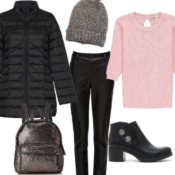 Outfit donna - Giornate fredde... per Scuola/Università. Abbinamento con pantalone in pelle sintetica nero, piumino collo alto a maniche lunghe con zip interno sfoderato in tessuto tecnico tinta unita, stivaletti, zaino nero, cuffia melange taglia unica grigio.